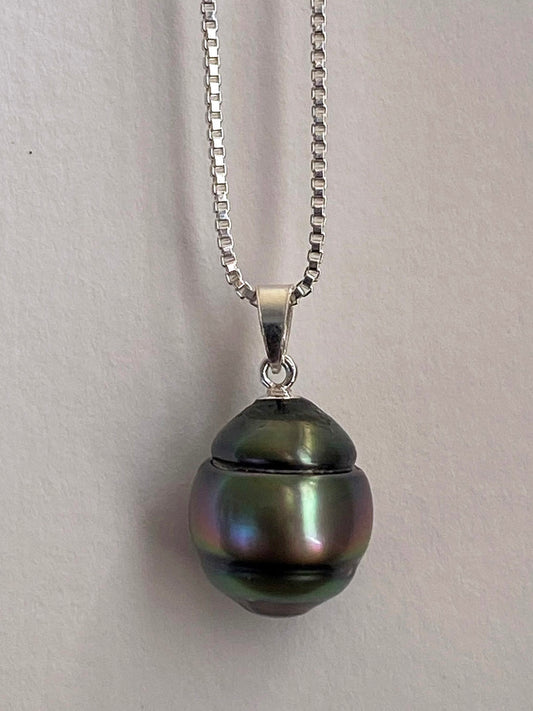 11-13mm Green Gold Tahitian Circle Pearl Pendant on Sterling Silver by Linda Queally