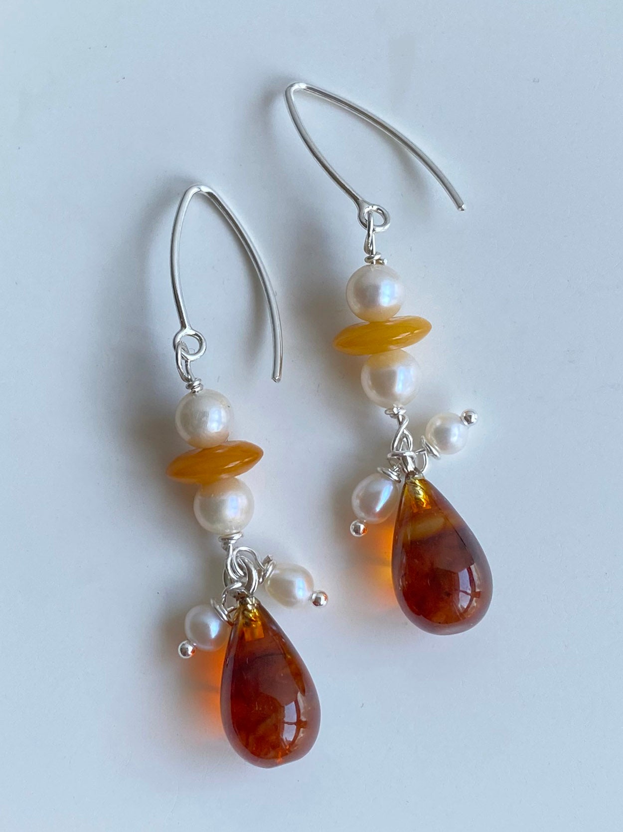 Baltic Amber and Freshwater Pearl Drop Earrings by Linda Queally