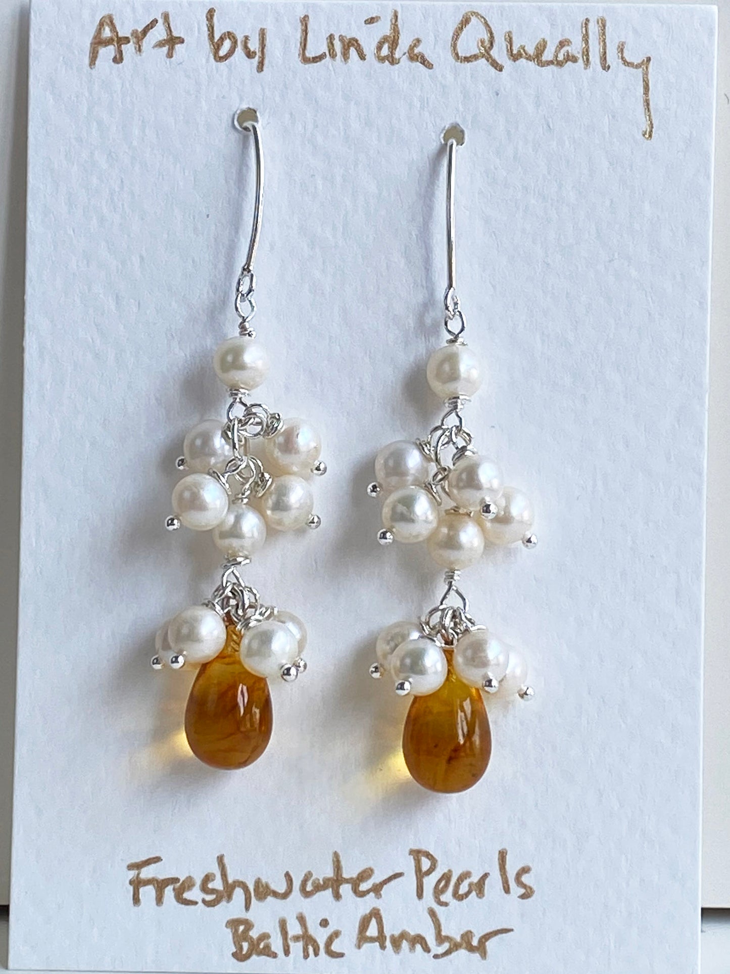 White Cluster Pearl Earrings with an Amber Drop by Linda Queally