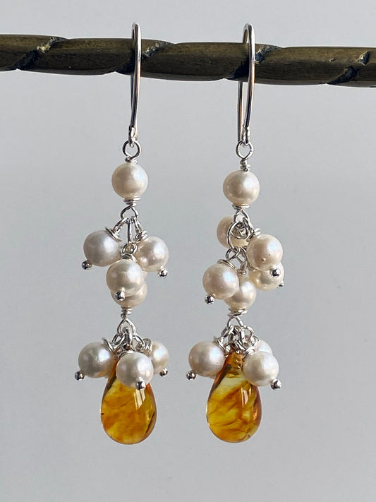 White Cluster Pearl Earrings with an Amber Drop by Linda Queally