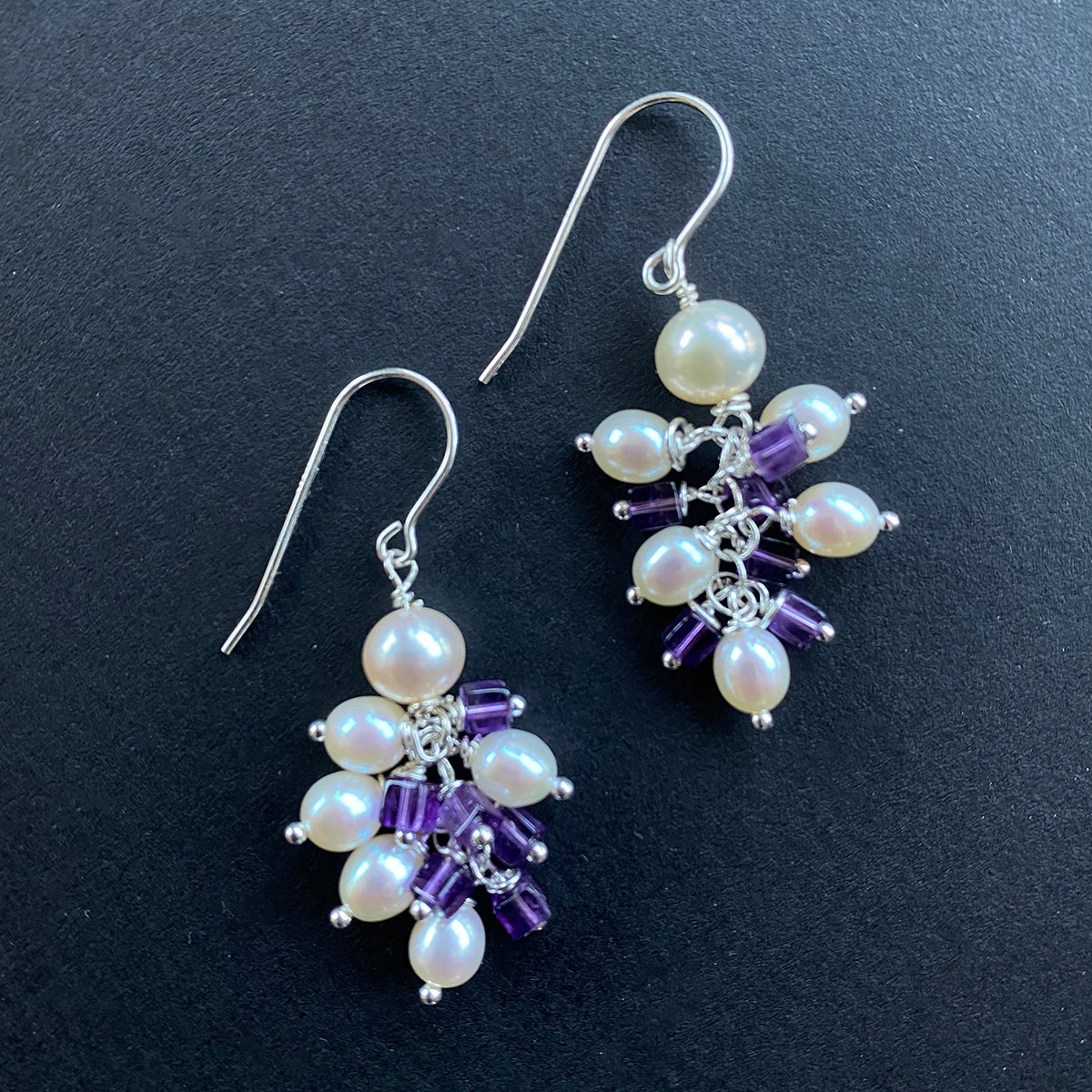 Amethyst and Pearl Jellyfish Earrings on Sterling Silver Wires by Linda Queally