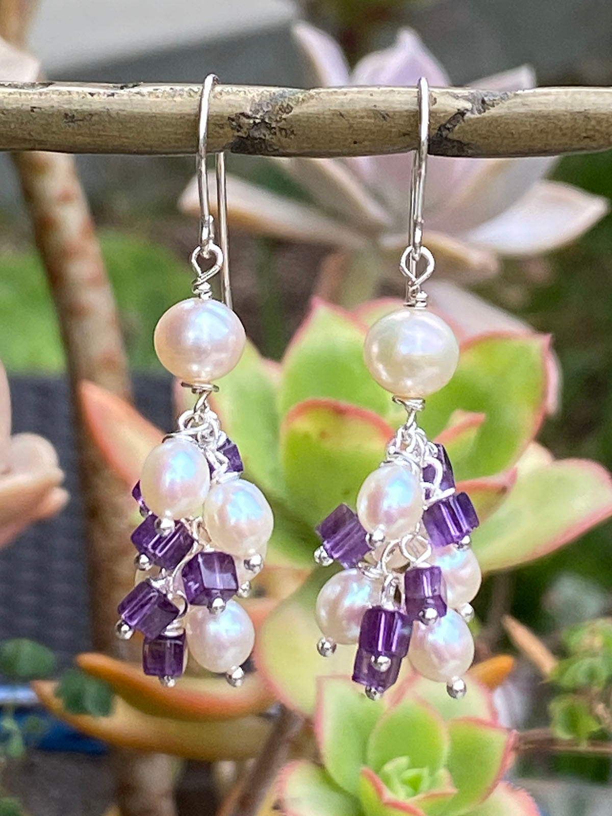Amethyst and Pearl Jellyfish Earrings on Sterling Silver Wires by Linda Queally