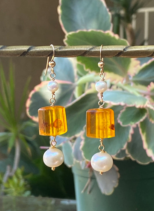 Baltic Amber and Freshwater Pearl Earrings on 14k GF Wires by Linda Queally