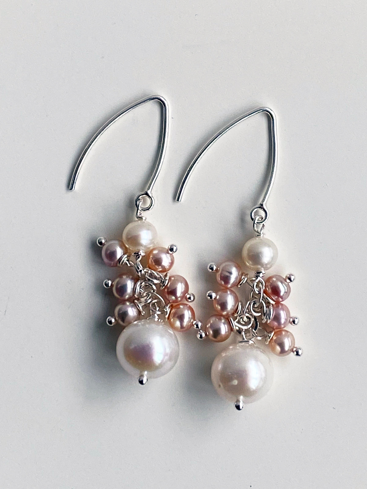 White with Pink Champagne Cluster Drop Pearl Earrings by Linda Queally