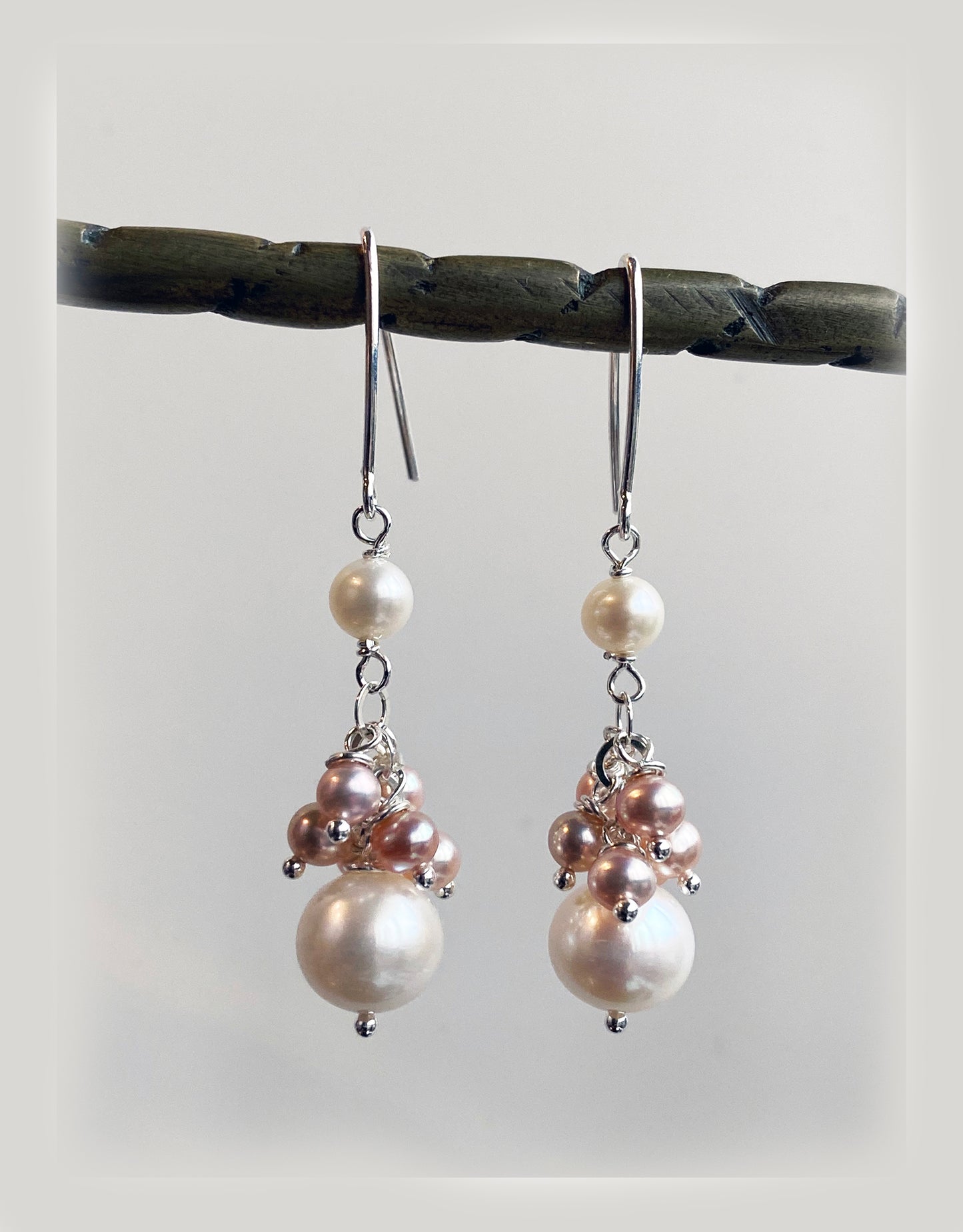 White with Pink Champagne Cluster Drop Pearl Earrings by Linda Queally