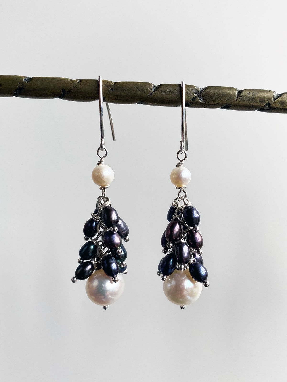 Black and White Freshwater Pearl Cluster Drop Earrings by Linda Queally