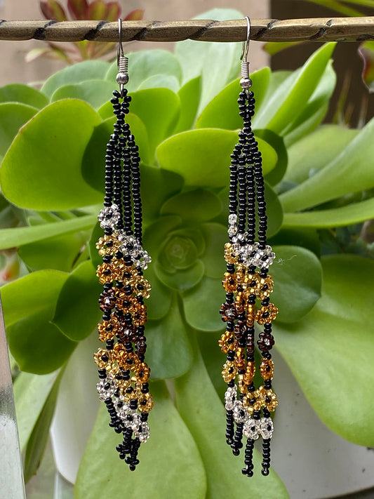 Bronze, Gold and Silvery White Flowers on Long Black Strands Huichol Earrings