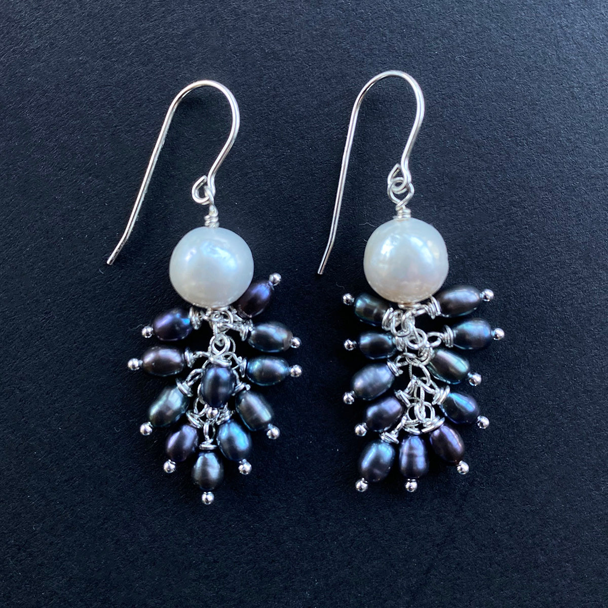 Black and White Pearl Jellyfish Earrings on Sterling Silver Wires by Linda Queally