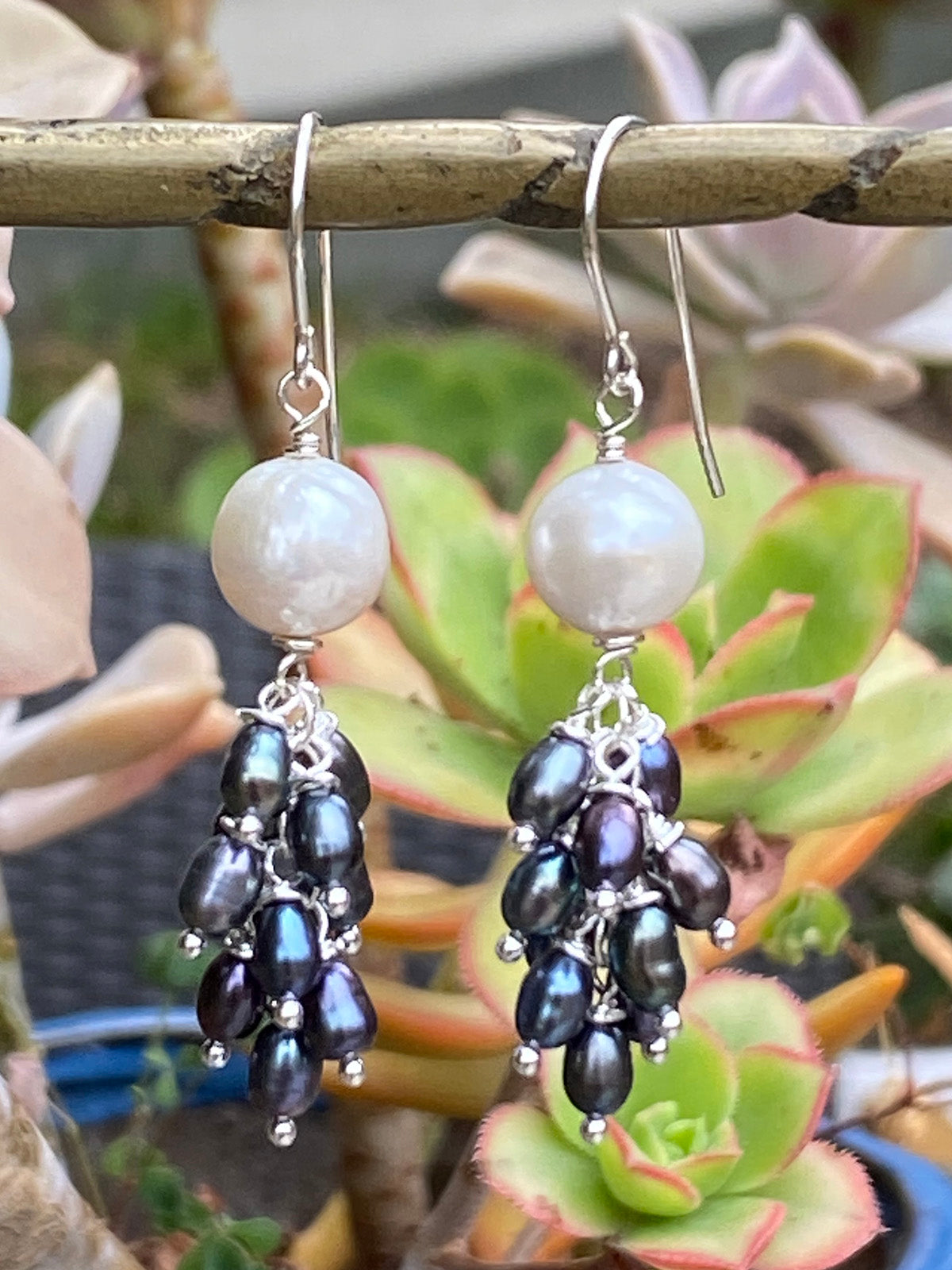 Black and White Pearl Jellyfish Earrings on Sterling Silver Wires by Linda Queally