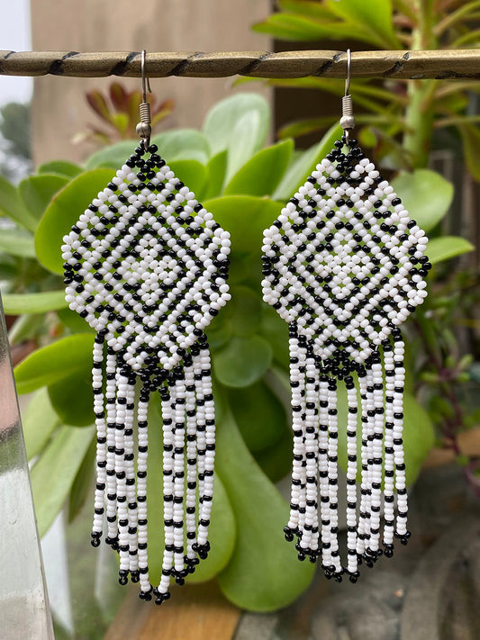 Black and White Diamond with Fringe Huichol Earrings