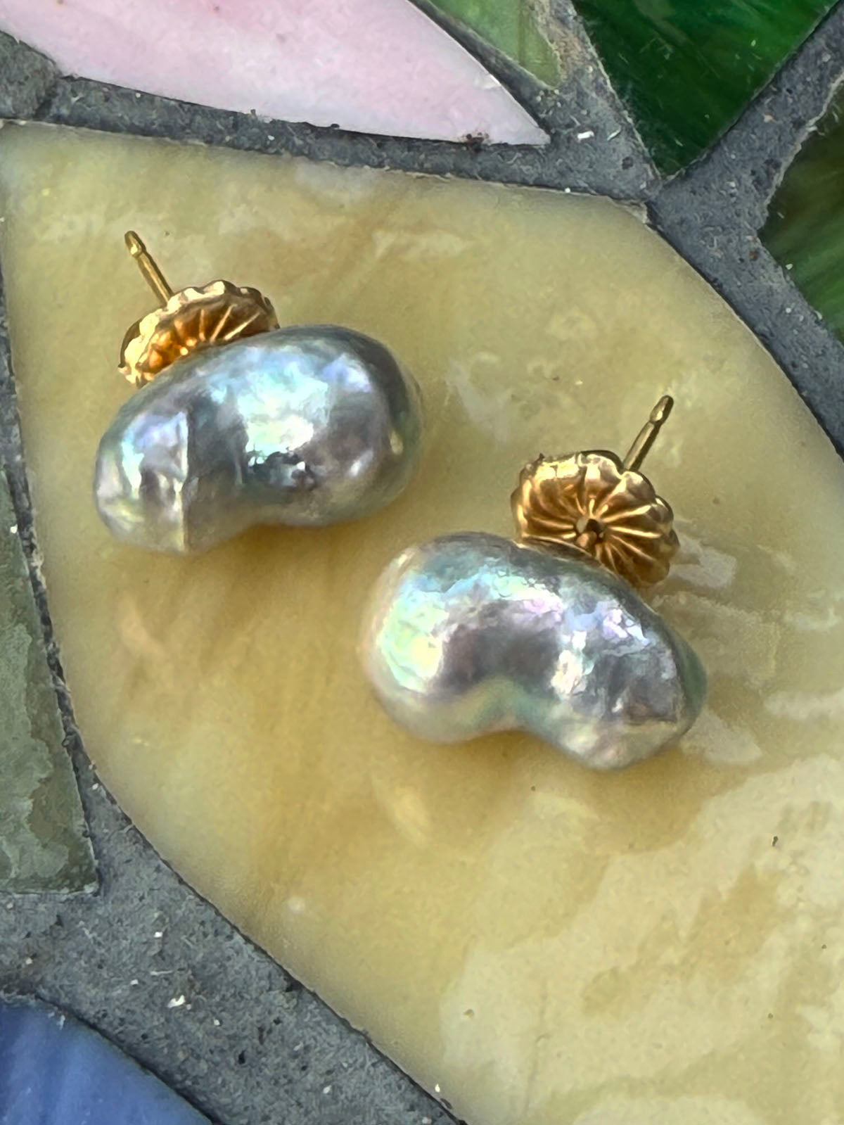 Blue Akoya 8-12mm Baroque Pearl Stud Earrings with a Flash of Lavender by Linda Queally