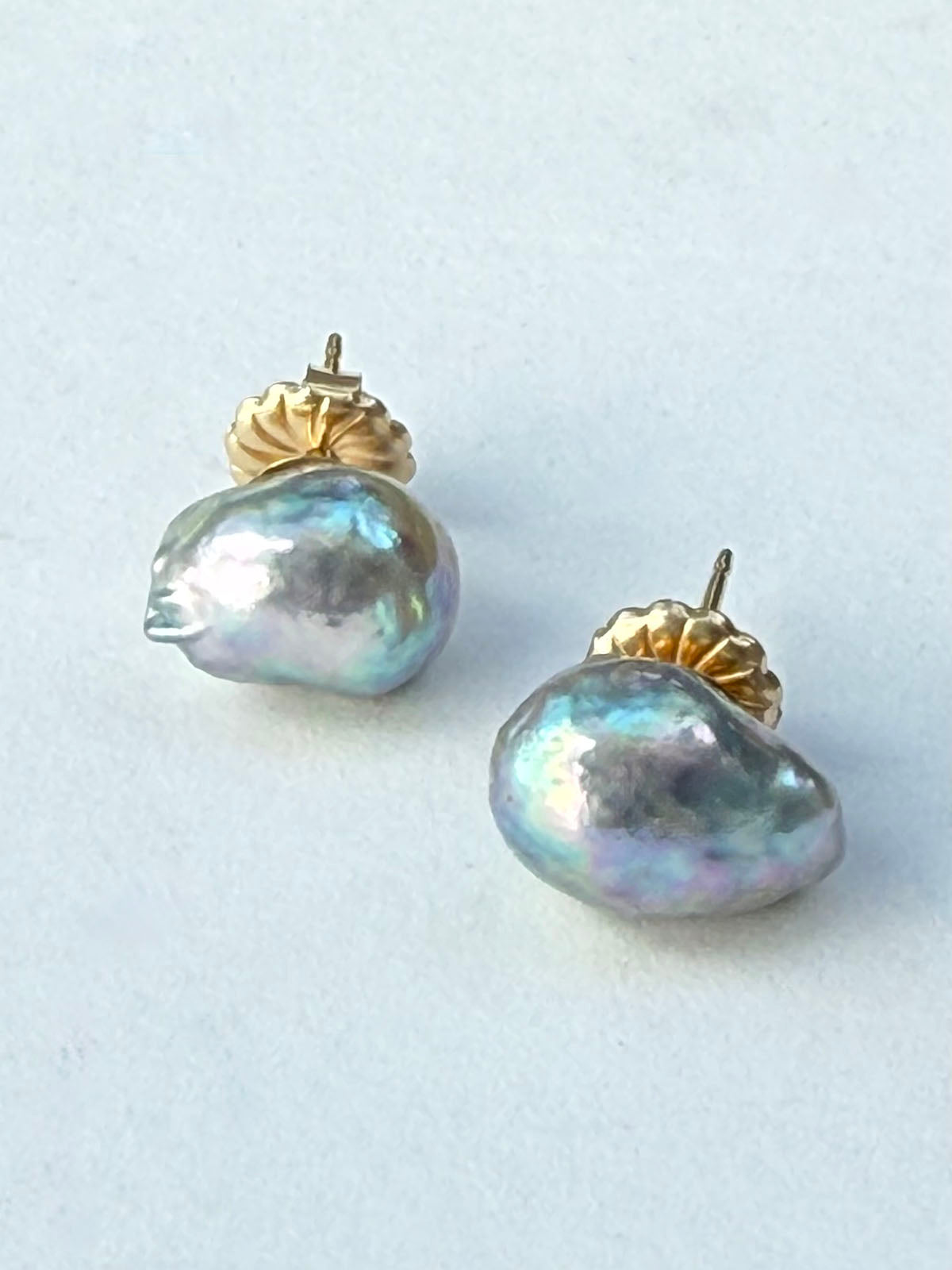 Blue Akoya 8-11mm Baroque Pearl Stud Earrings with a Flash of Lavender by Linda Queally