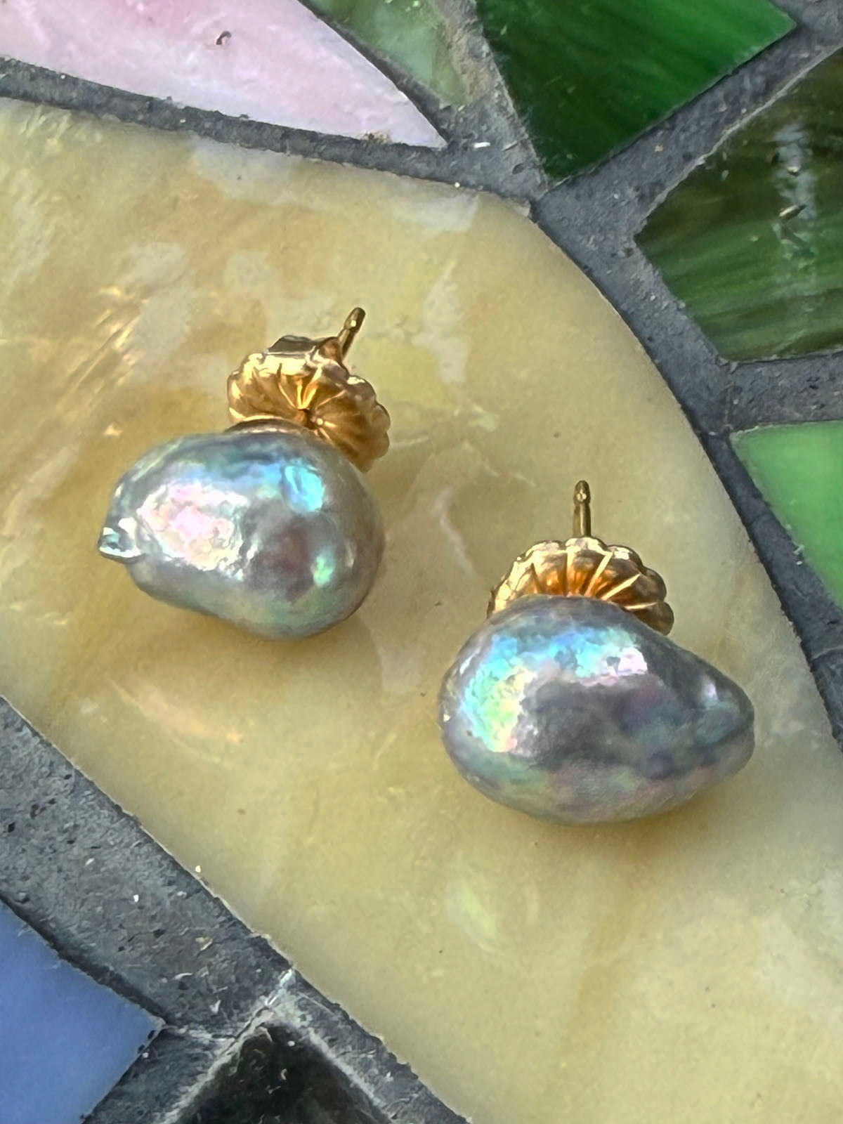 Blue Akoya 8-11mm Baroque Pearl Stud Earrings with a Flash of Lavender by Linda Queally
