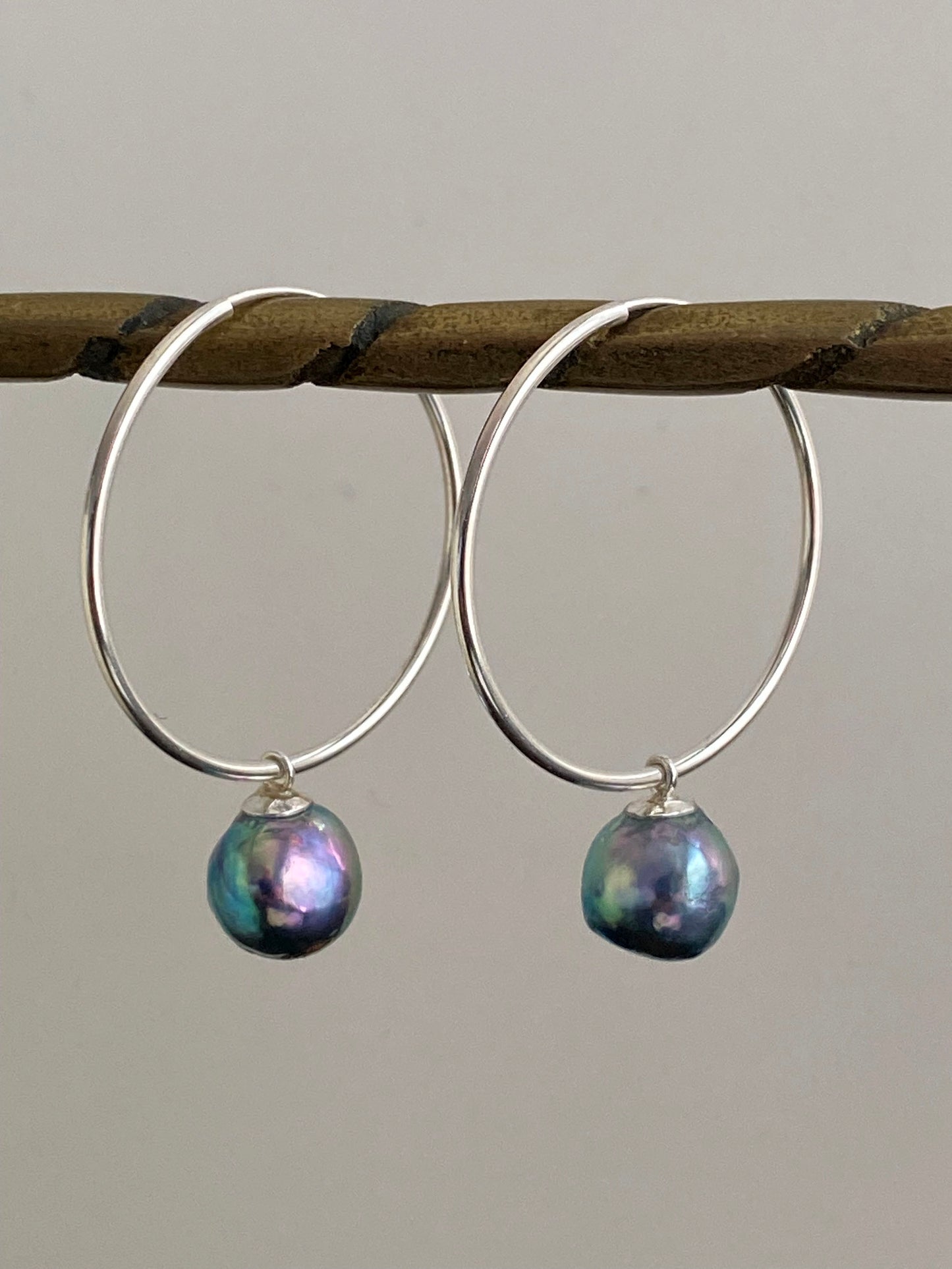 Blue Akoya Pearls on Sterling Silver Hoops #1 by Linda Queally