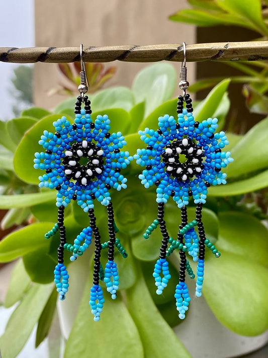 Blue and White Flowers with Petal Drop Huichol Earrings