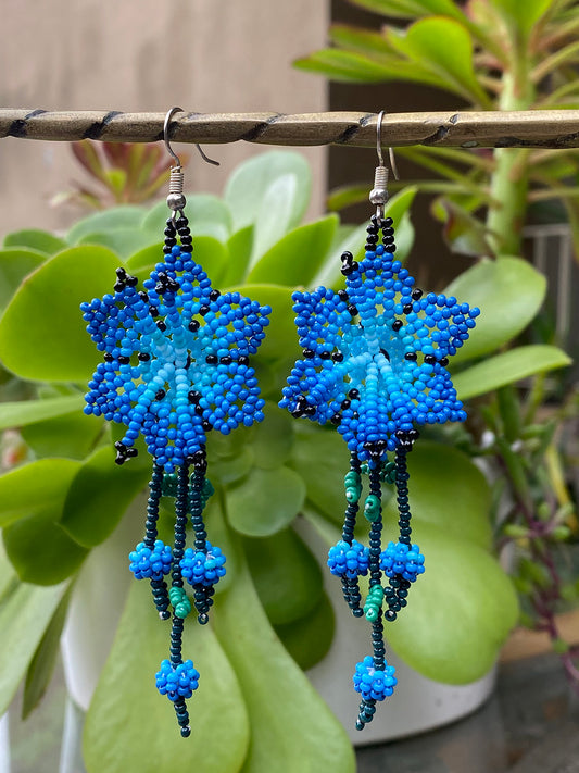 Deep Blue Flowers with Round Drop Huichol Earrings