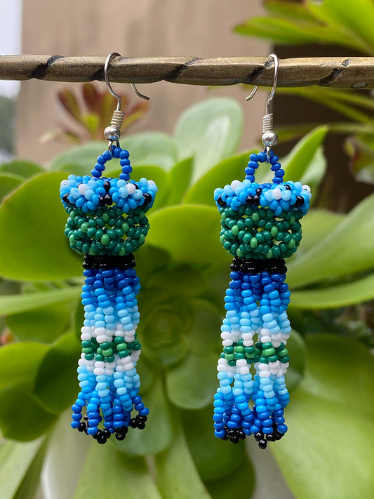 Blue, Green and White Circular Lantern Huichol Earrings