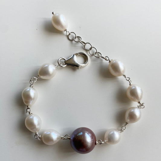 Bronze Lavender Round with White Teardrop Freshwater Pearl Bracelet by Linda Queally