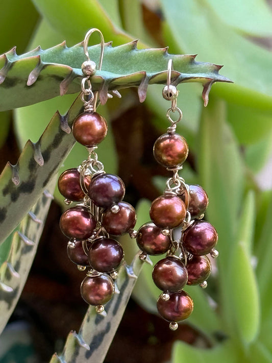 Bronze Pearl Cluster Drop Earrings on 14k GF Wires by Linda Queally