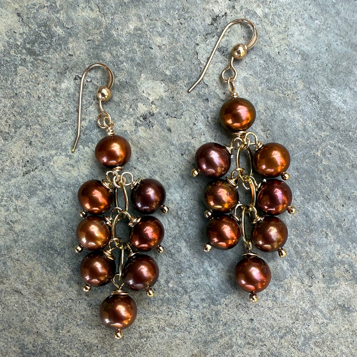 Bronze Pearl Cluster Drop Earrings on 14k GF Wires by Linda Queally
