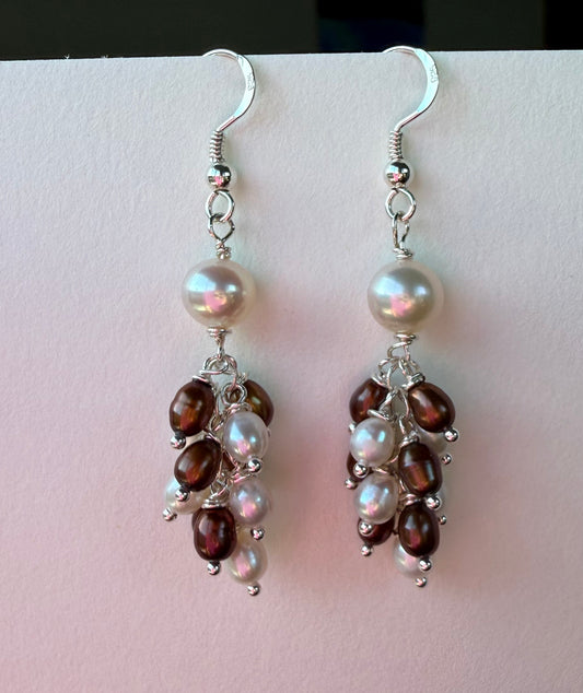 Bronze and White Short Freshwater Pearl Jellyfish Earrings on Sterling Silver Ear Wires by Linda Queally