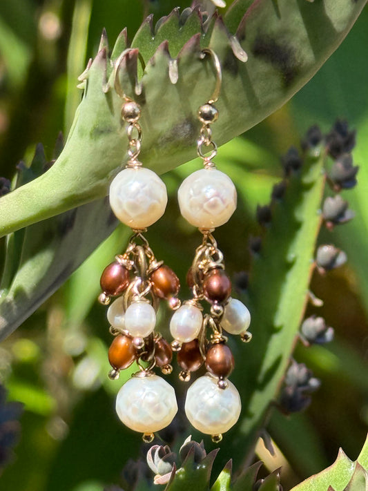 Bronze and White Pearl Cluster Drop Earrings on 14k GF Wires by Linda Queally