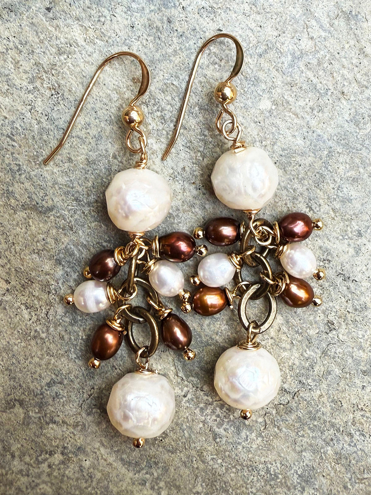 Bronze and White Pearl Cluster Drop Earrings on 14k GF Wires by Linda Queally