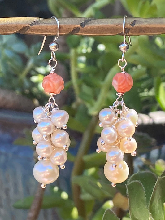 Carved Angelskin Coral with White Freshwater Pearl Drop Earrings by Linda Queally