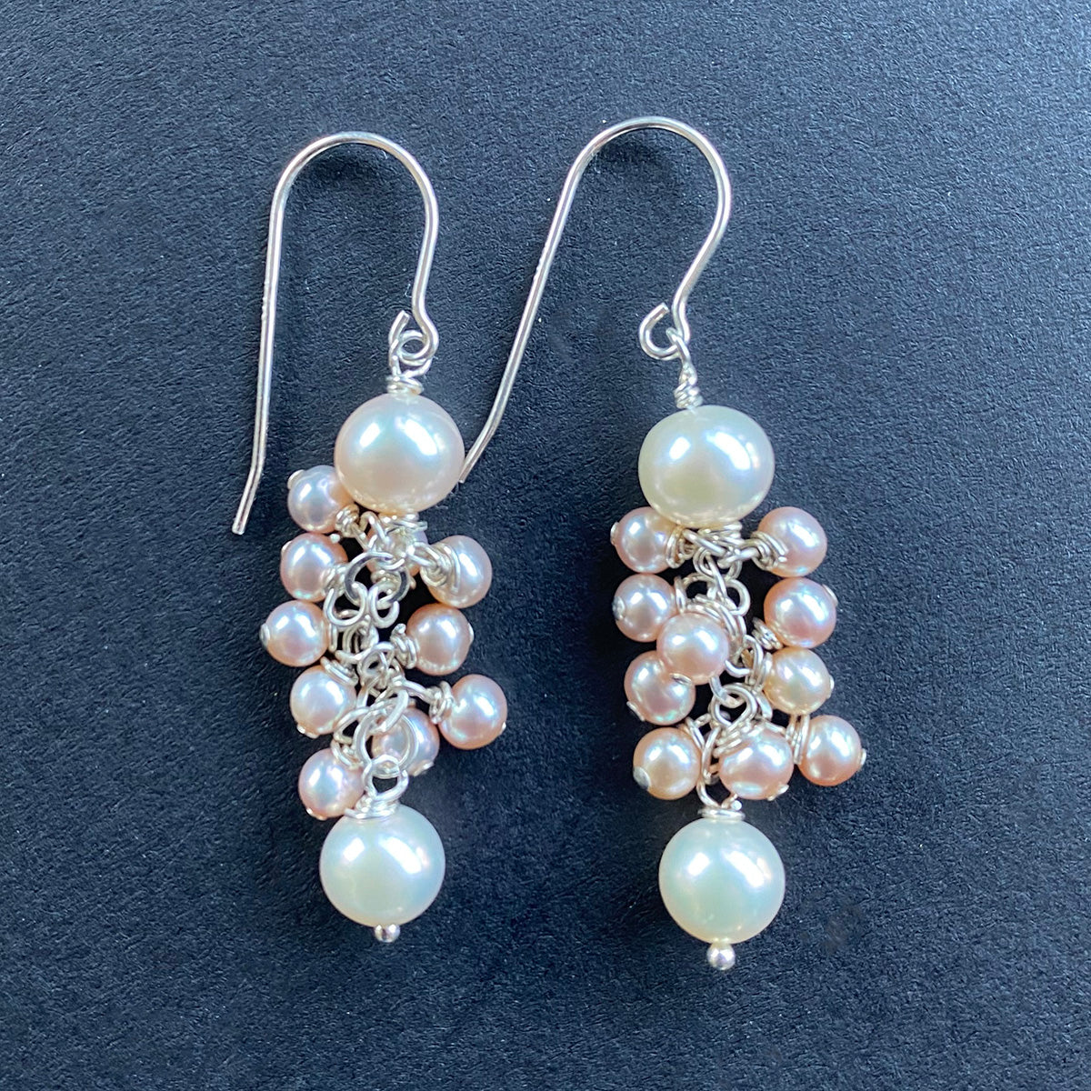 Champage Pink and White Pearl Cluster Earrings on Sterling Silver Wires by Linda Queally
