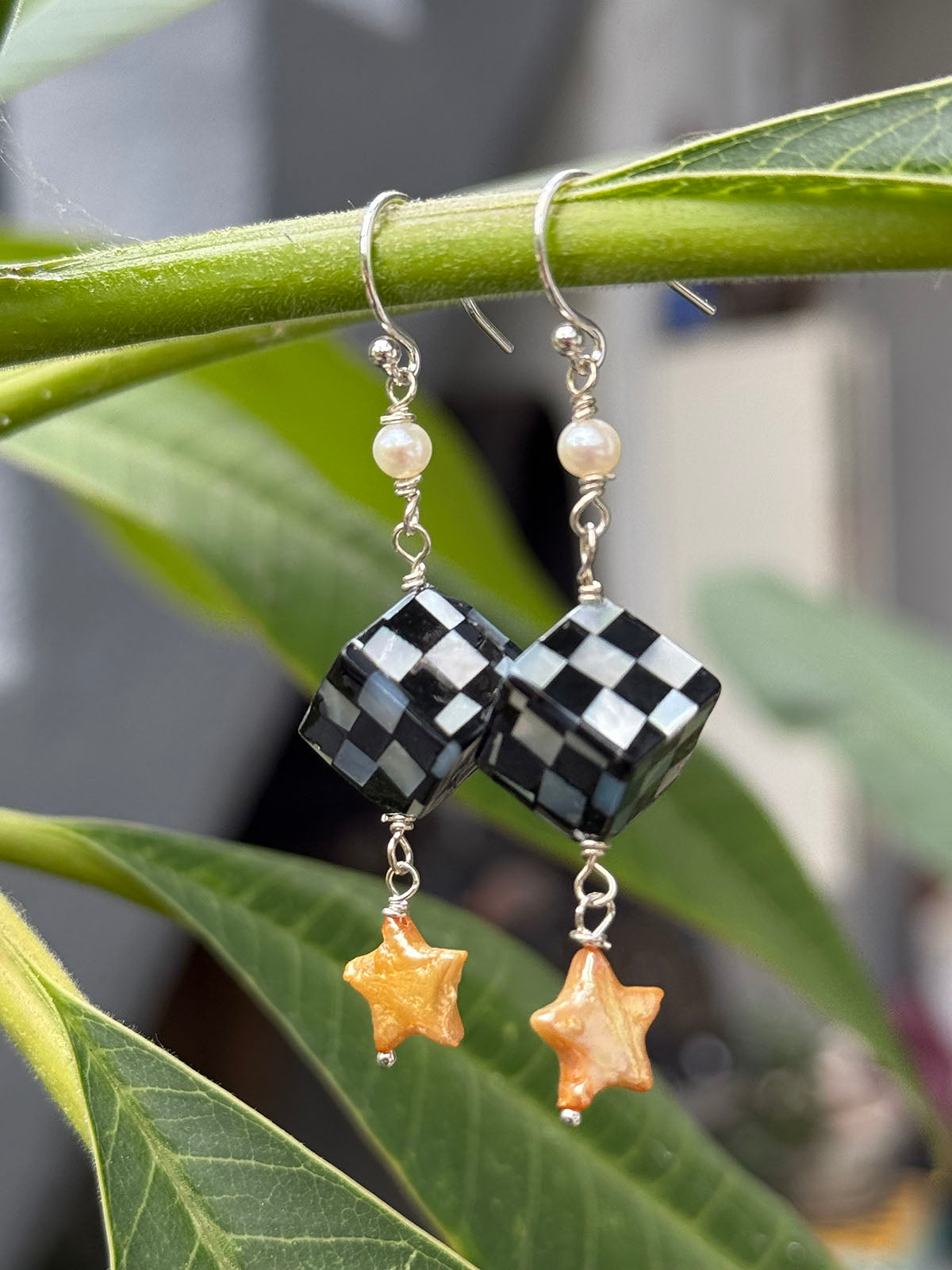 Black & White Checkerboard Cubes with Gold Star Drop Earrings by Linda Queally