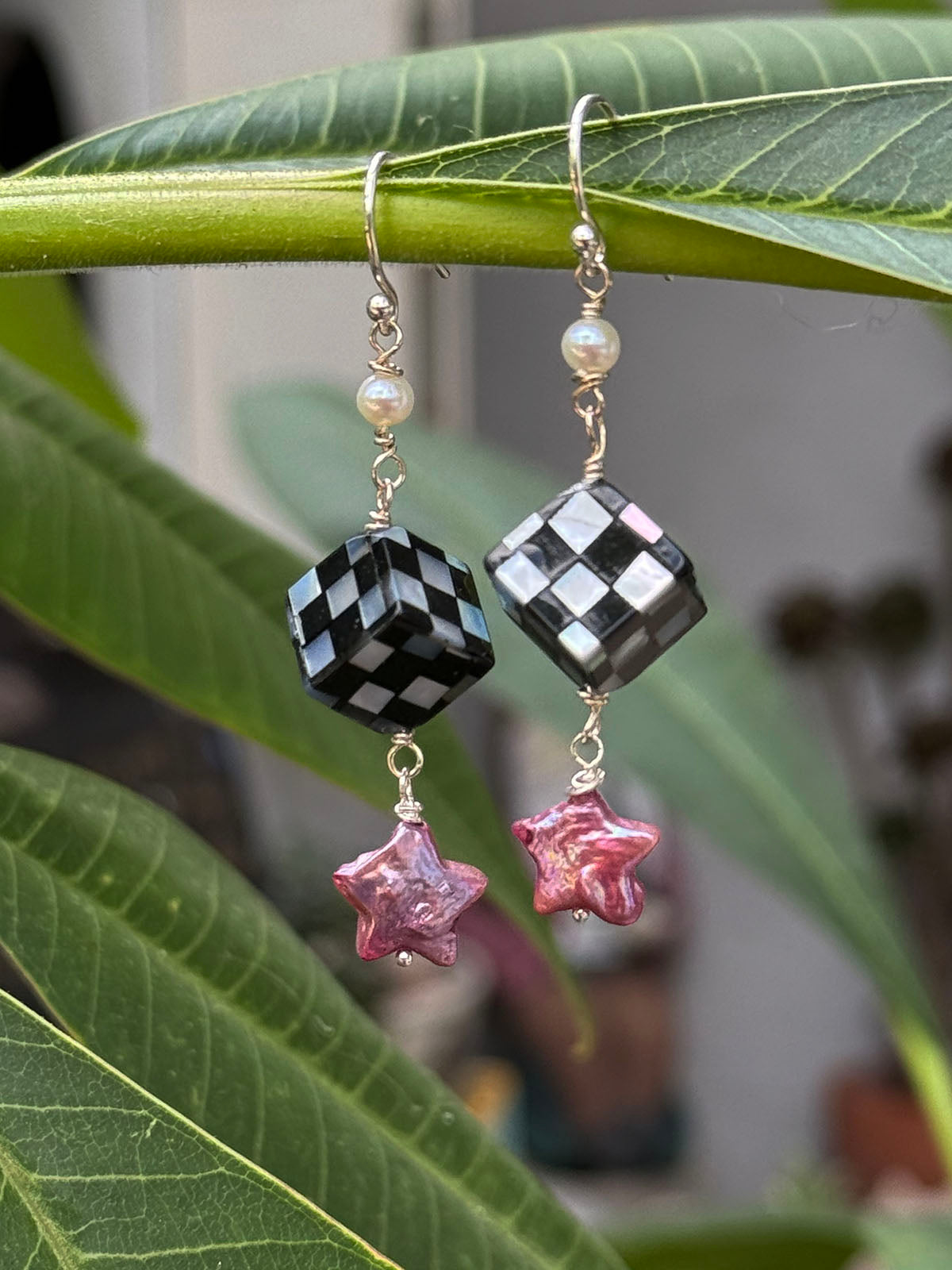 Black & White Checkerboard Cubes with Raspberry Star Drop Earrings by Linda Queally
