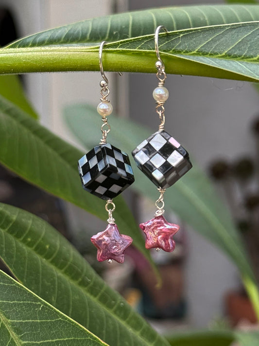 Black & White Checkerboard Cubes with Raspberry Star Drop Earrings by Linda Queally
