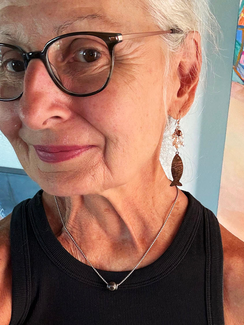 Copper Fish and Freshwater Pearl Earrings by Linda Queally