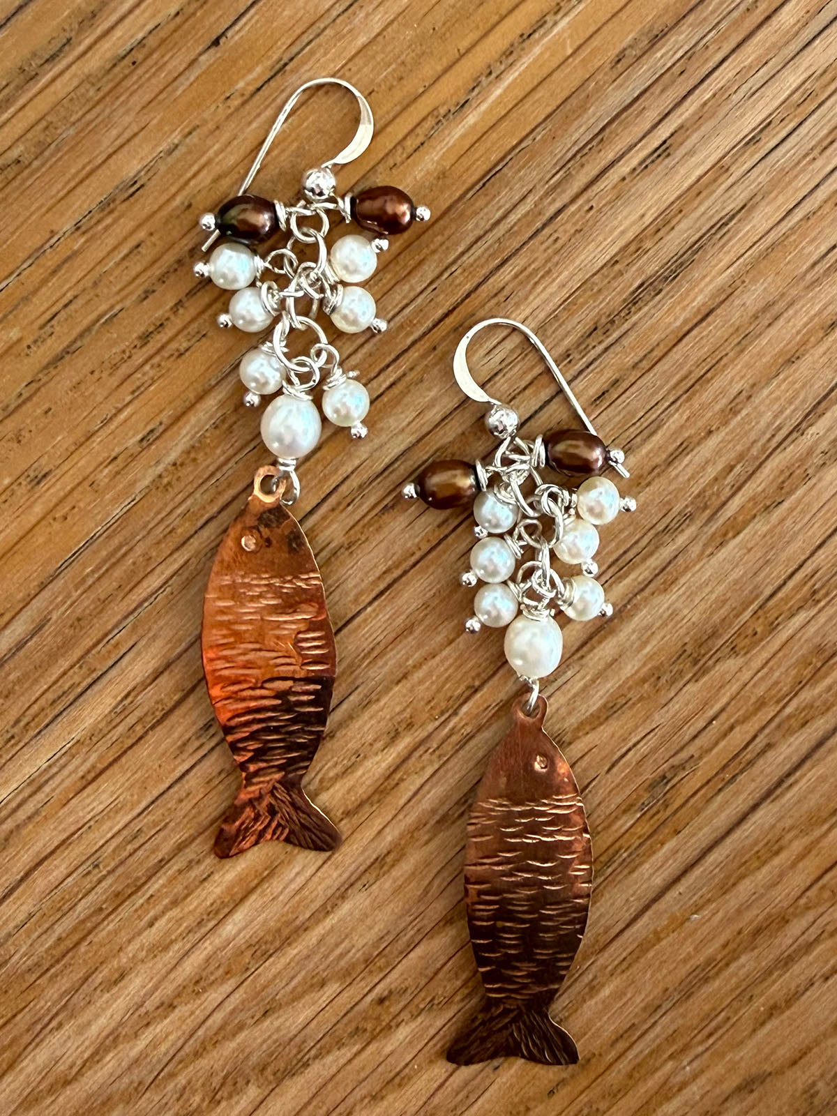 Copper Fish and Freshwater Pearl Earrings by Linda Queally