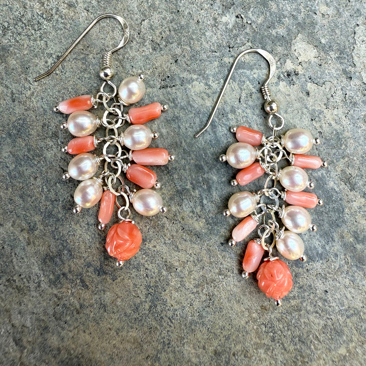 Angelskin Coral and Pearl Cluster Earrings on Sterling Silver Wires by Linda Queally