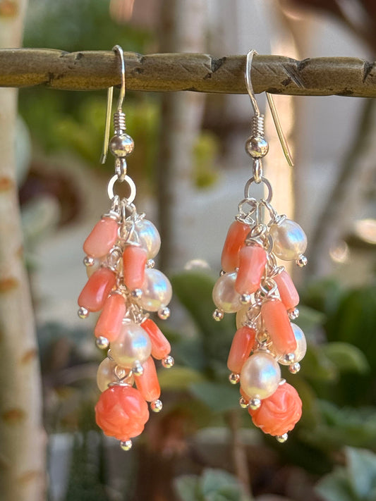Angelskin Coral and Pearl Cluster Earrings on Sterling Silver Wires by Linda Queally