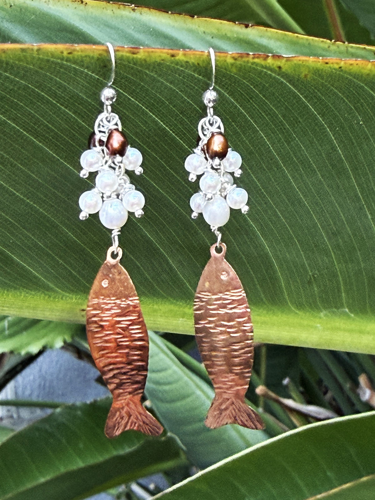 Copper Fish and Freshwater Pearl Earrings by Linda Queally