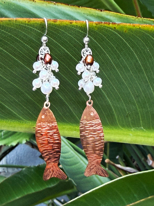 Copper Fish and Freshwater Pearl Earrings by Linda Queally