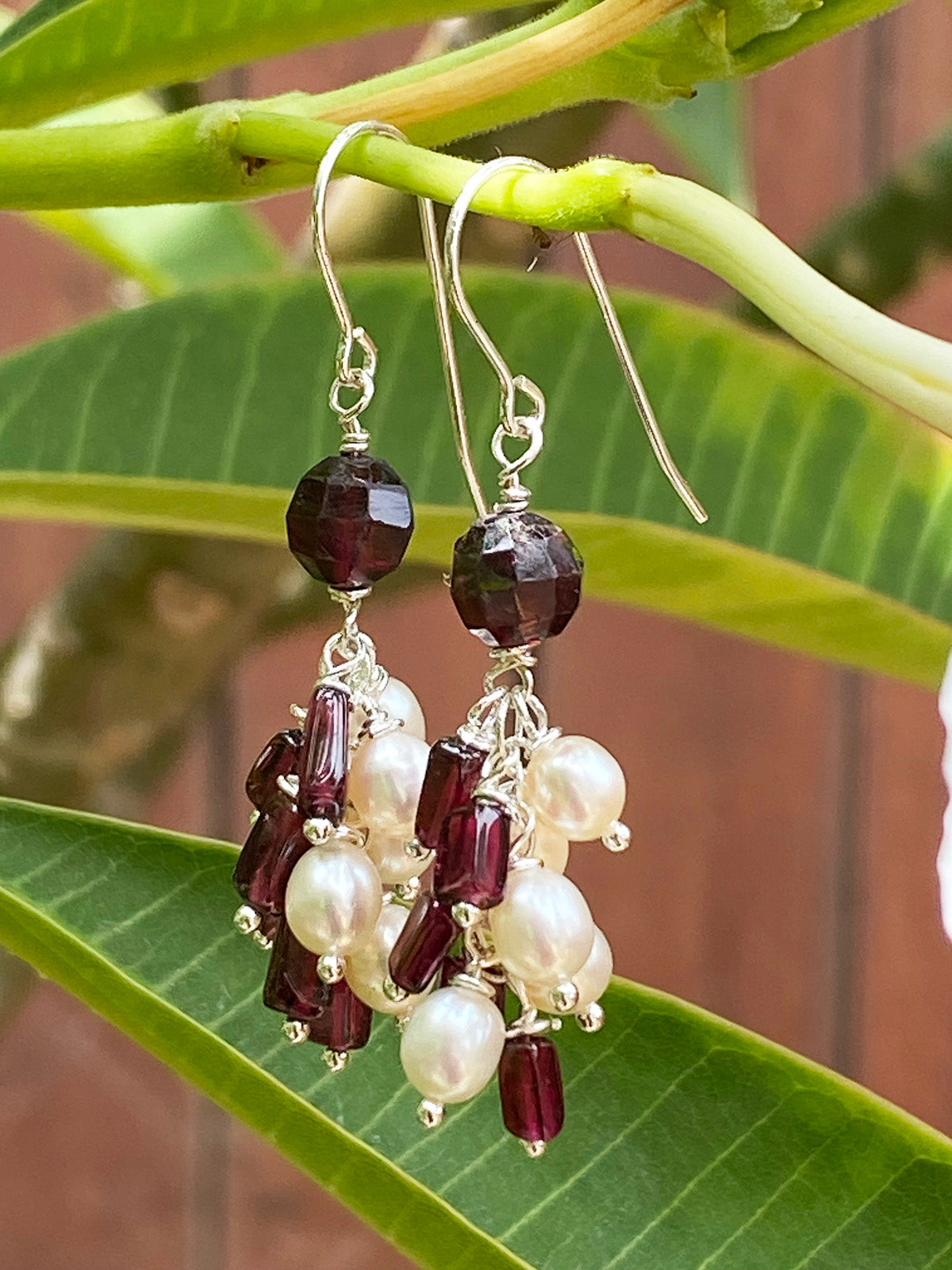 Garnet and Pearl Jellyfish Earrings on Sterling Silver Wires by Linda Queally