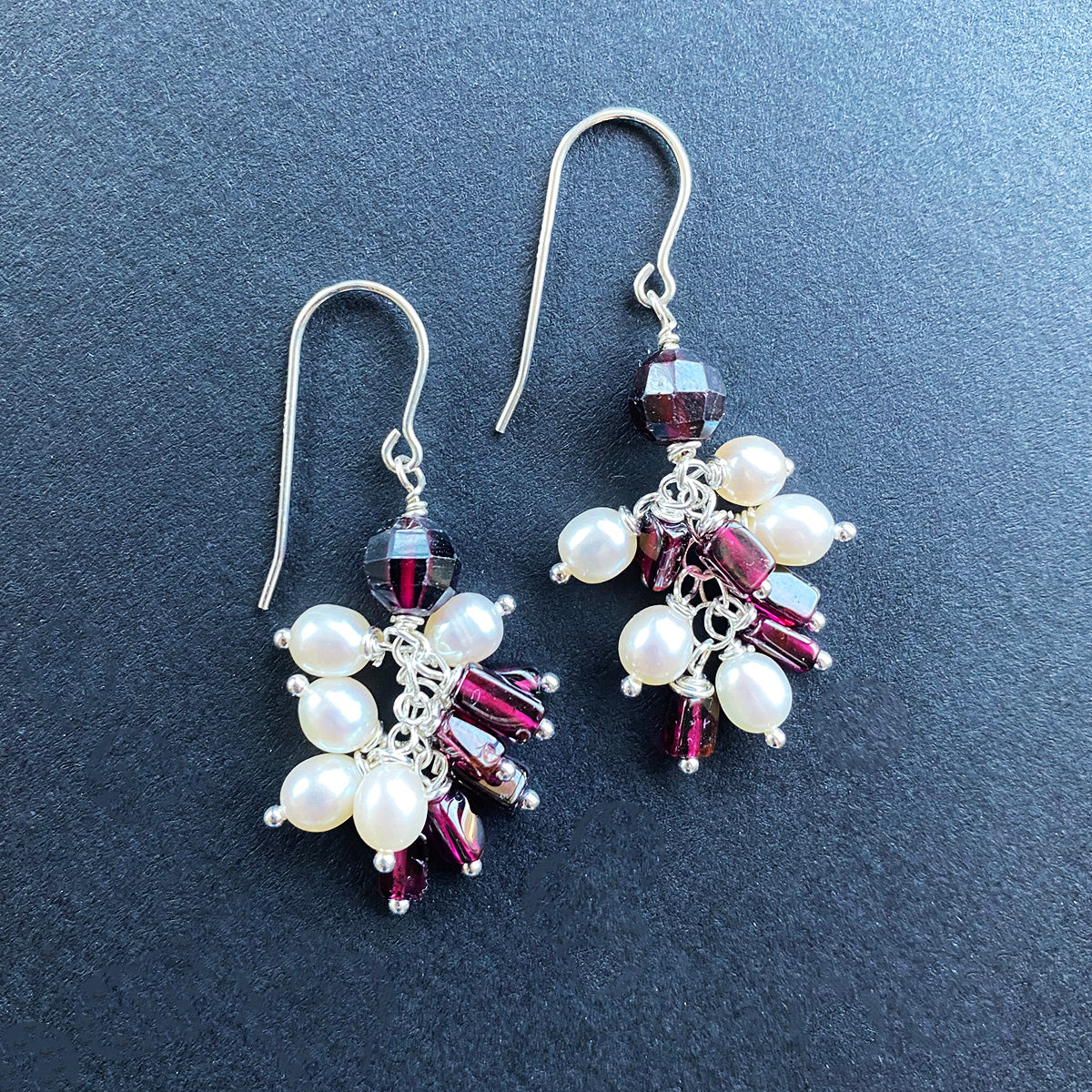Garnet and Pearl Jellyfish Earrings on Sterling Silver Wires by Linda Queally