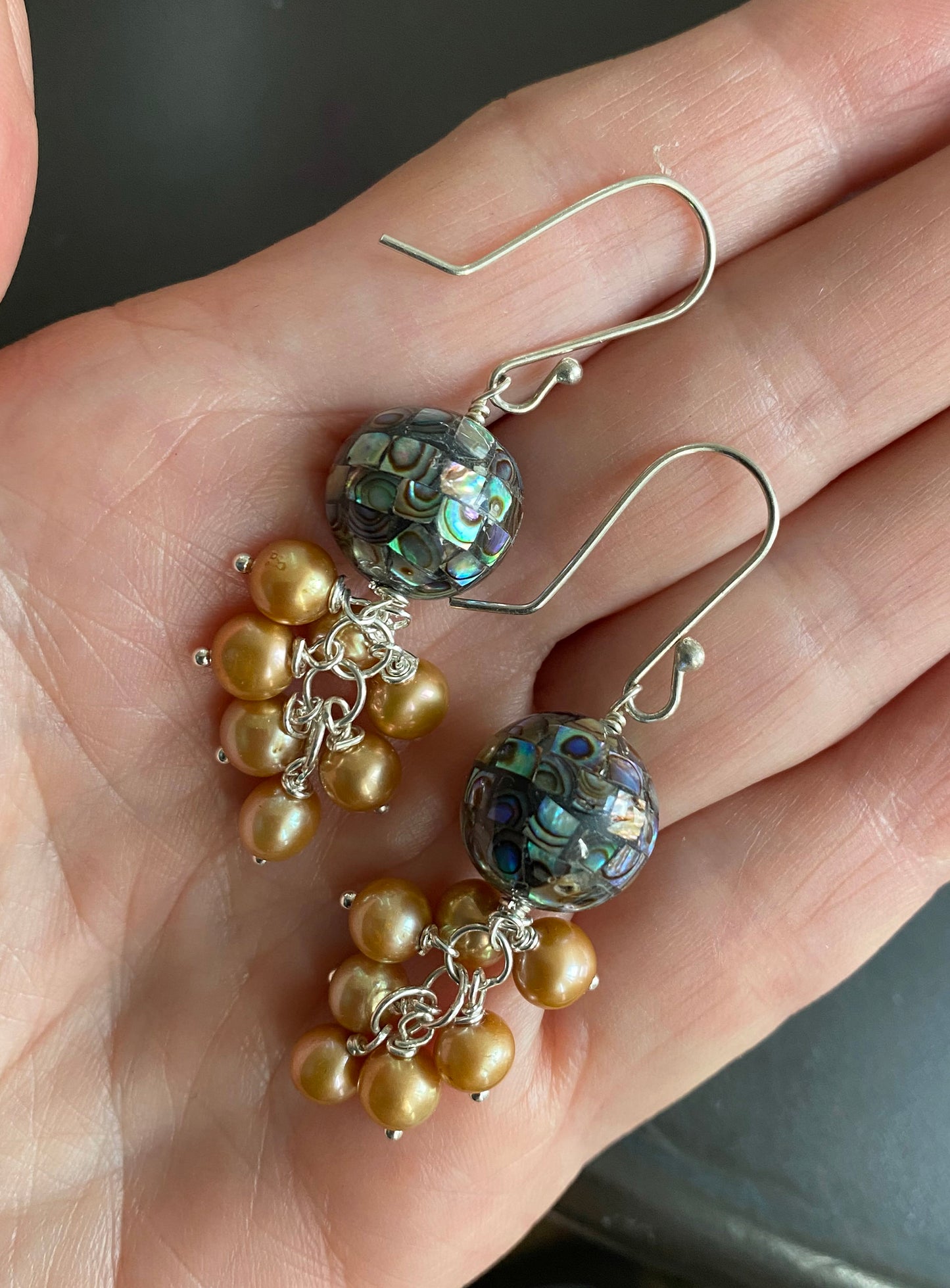 Inlay Abalone Jellyfish Earrings with Gold Pearl Cluster Drop by Linda Queally