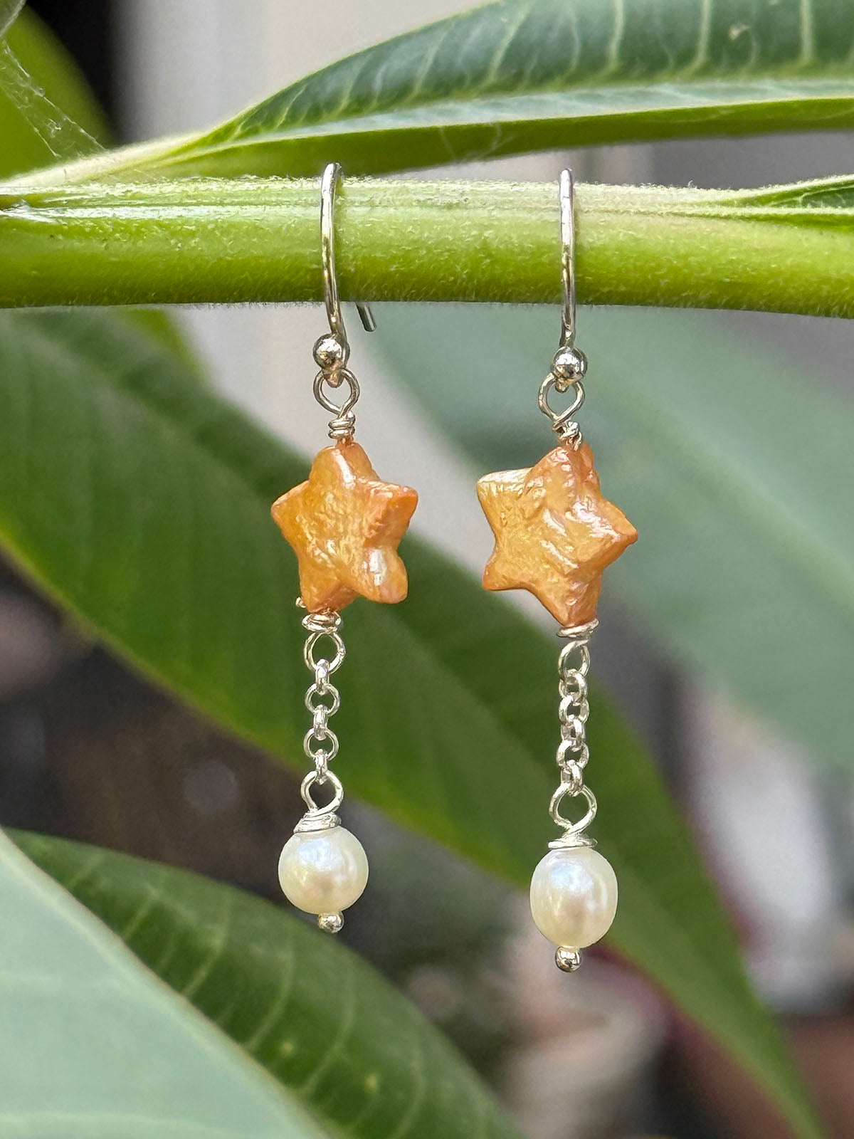 Gold Star Pearl with Chain and White Drop Earrings by Linda Queally