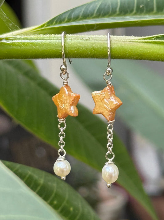 Gold Star Pearl with Chain and White Drop Earrings by Linda Queally