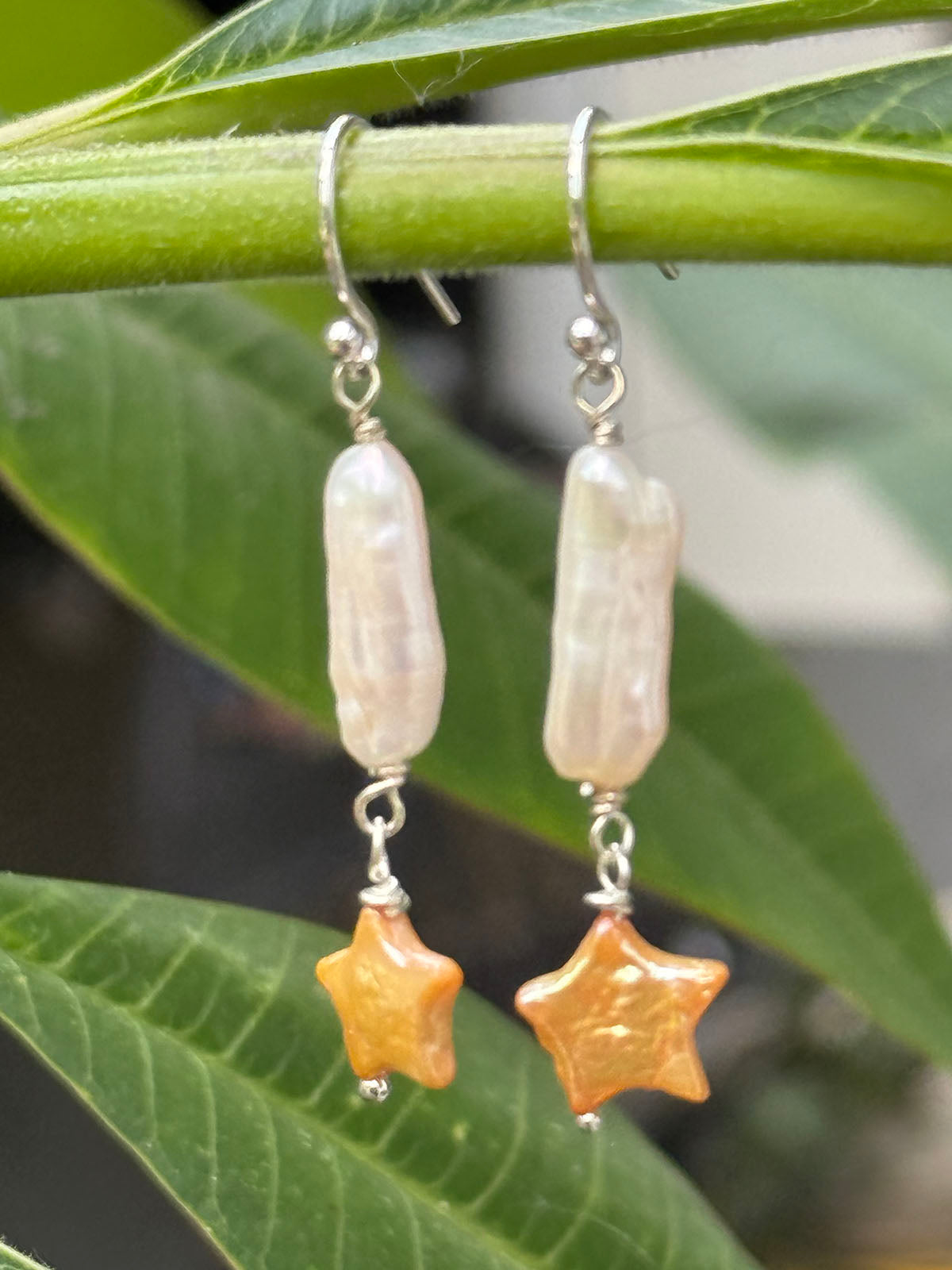 Gold Star With Long White Pearl Earrings by Linda Queally