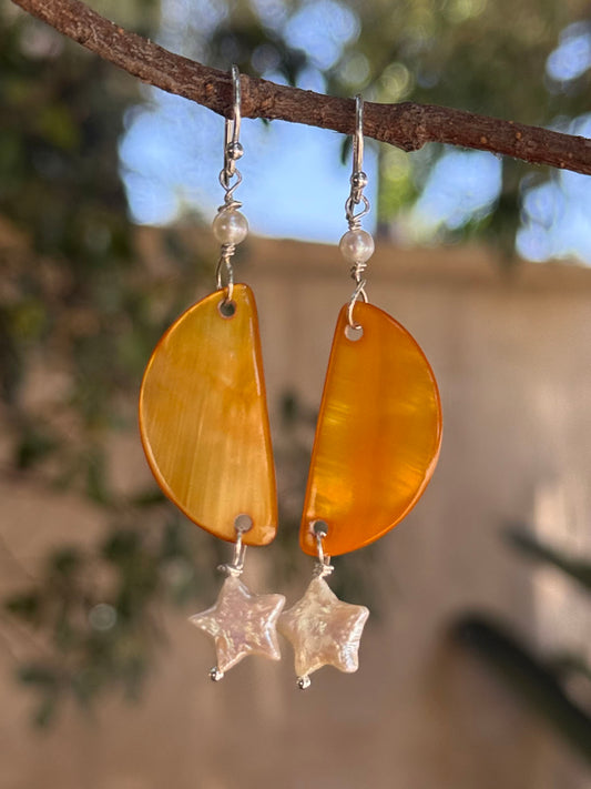 Golden Moon and White Star Shell & Pearl Earrings by Linda Queally