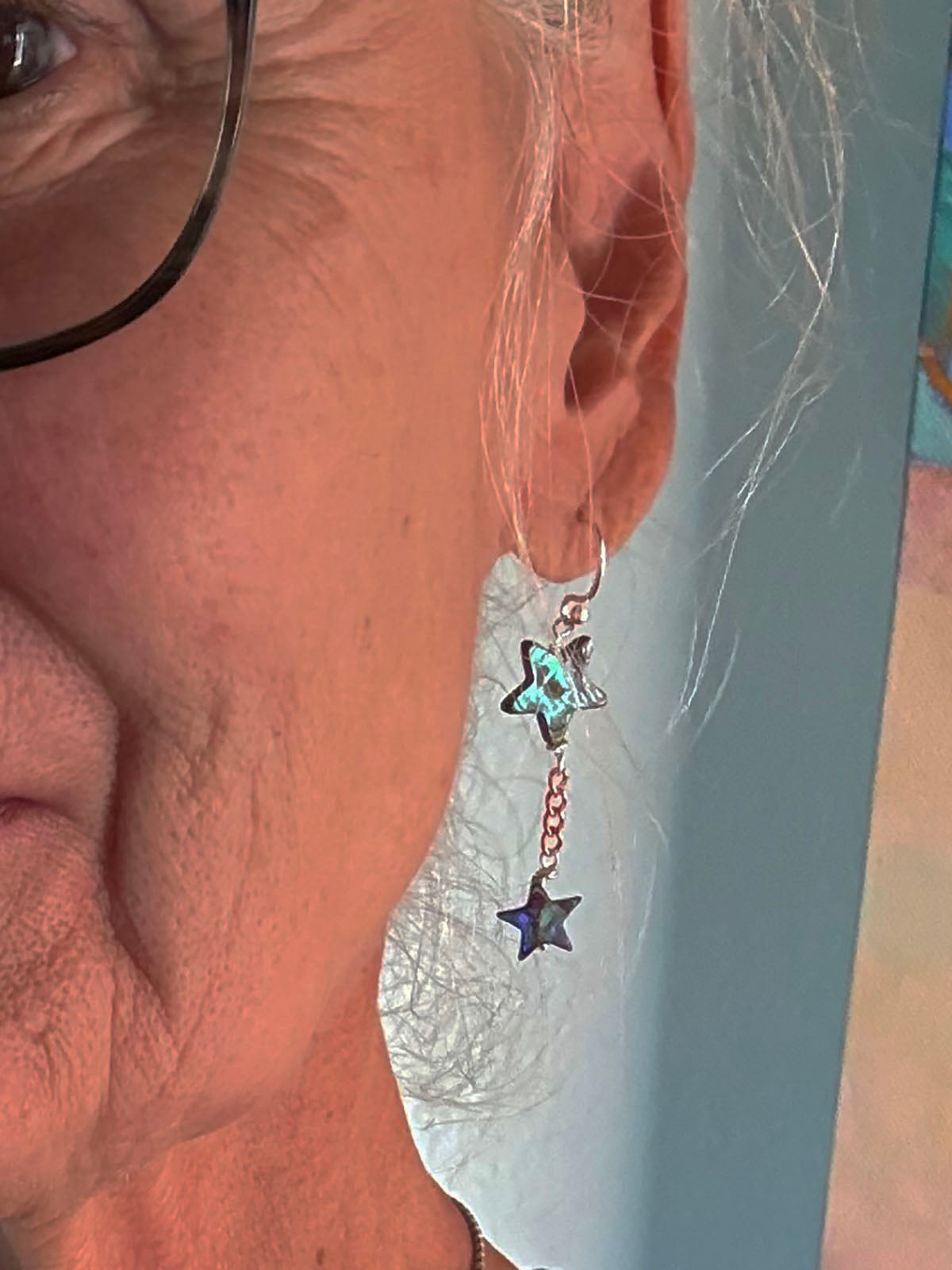 Abalone Double Star Earrings on Copper Chain with Sterling Silver by Linda Queally