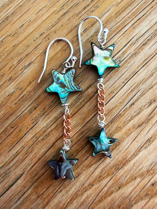 Abalone Double Star Earrings on Copper Chain with Sterling Silver by Linda Queally