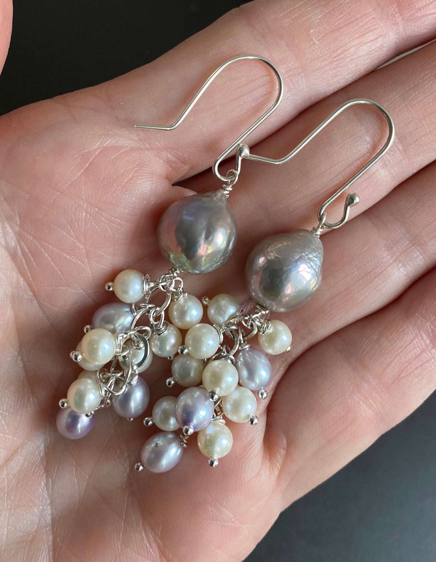 Grey and White Freshwater Pearl Jellyfish Earrings on Sterling Silver Wires by Linda Queally