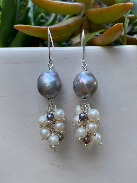 Grey and White Freshwater Pearl Jellyfish Earrings by Linda Queally