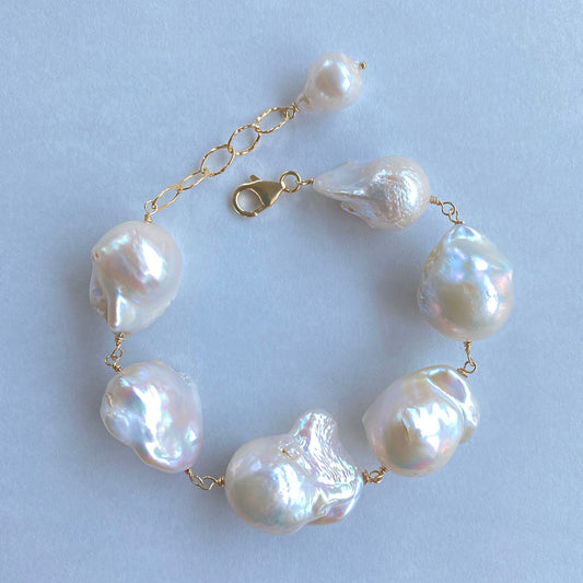 Large White Baroque Freshwater Pearl Bracelet on 14k GF Wire by Linda Queally